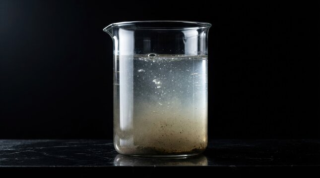 Water sample in a glass beaker shows significant turbidity and dark particles settled at the base