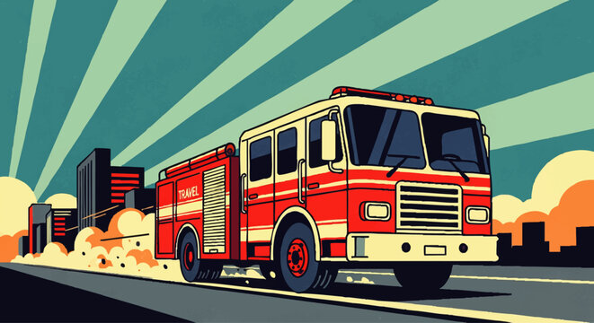 Dynamic illustration of a classic fire truck speeding through an urban landscape, responding to an urgent call with vibrant energy and a striking retro aesthetic