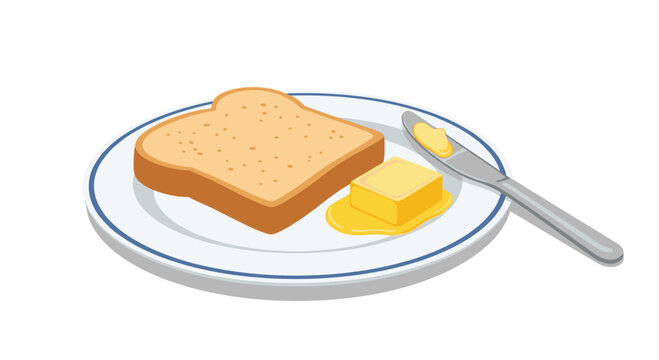 Single slice of toasted bread with a piece of melting butter on a white plate with a blue rim and a butter knife.