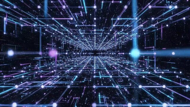 Futuristic Neon Data Network Grid Flow Background in Dark Space
