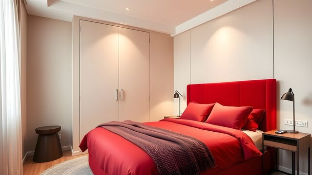 modern apartment bedroom with red bed and beige interior