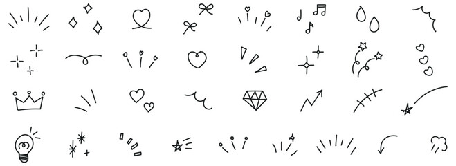 A charming collection of various hand drawn doodle line art elements including stars hearts arrows and sparkles for decorative emphasis © Tanvir Khan