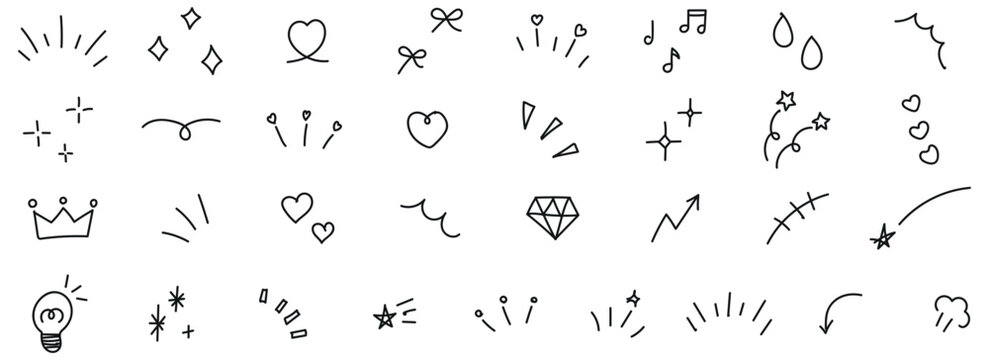 A charming collection of various hand drawn doodle line art elements including stars hearts arrows and sparkles for decorative emphasis