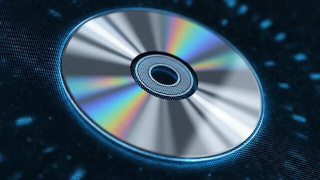 A reflective optical disc with rainbow spectrum highlights against a dark digital background