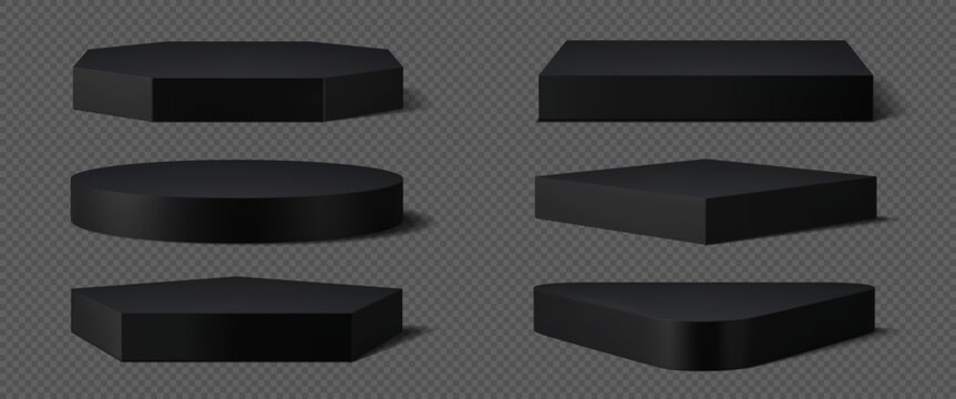 3d black stone podium stage, cosmetic products stand pedestal. Realistic 3d vector geometric base platforms of round, square, hexagonal, pentagonal and triangular shapes for display and presentation