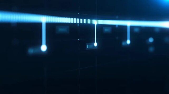 Futuristic digital timeline slider with glowing blue milestones on dark interface, smooth animation for technology and business presentations video footage