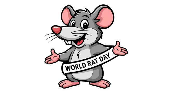 A cheerful cartoon rat holding a banner that reads 'World Rat Day' on a plain white background with a playful and awareness-driven mood.