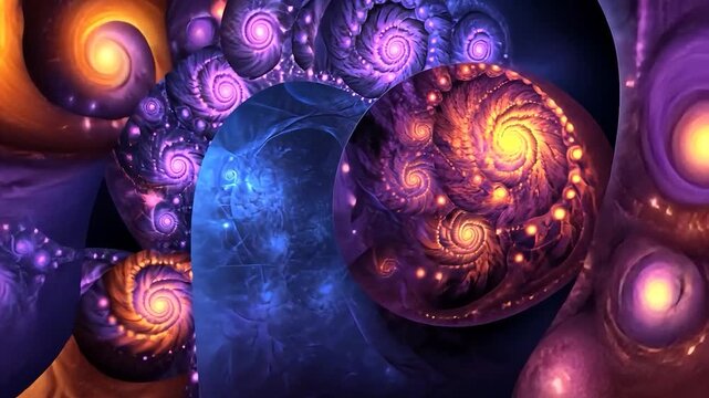 Abstract fractal design with swirling patterns in vibrant purple, blue, and gold