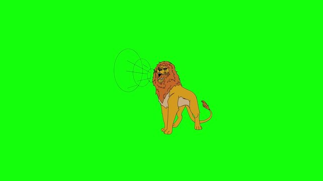 Animated 2D cartoon lion roaring loudly, mouth opening and closing, sound wave lines expanding outward from mouth, isolated on green screen background.