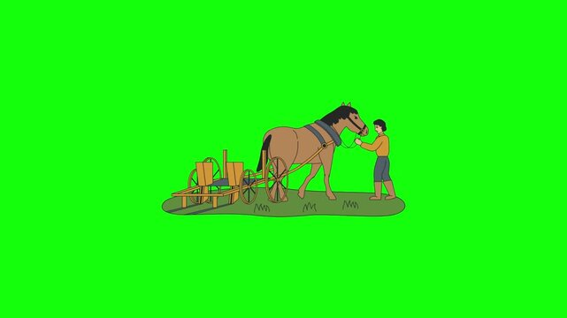 Animated 2D cartoon horse pulling a wooden cart, walking forward, person walking alongside holding reins, grass moving slightly, isolated on green screen background.
