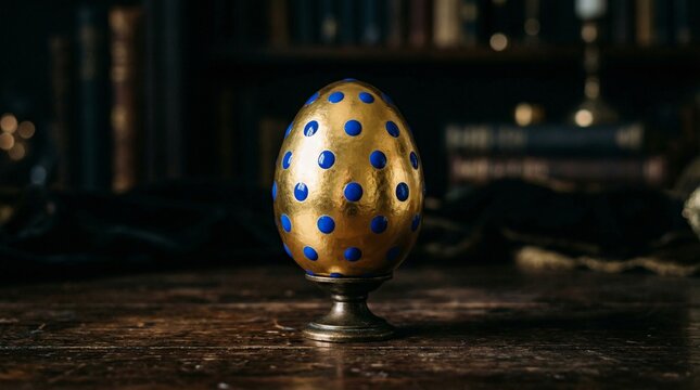 Golden egg painted with evenly spaced blue dots resting on dark fabric surface, soft focused lighting highlighting metallic sheen and contrast, transforming simple egg into striking decorative art obj