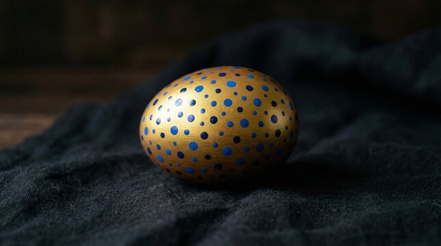 Golden egg painted with evenly spaced blue dots resting on dark fabric surface, soft focused lighting highlighting metallic sheen and contrast, transforming simple egg into striking decorative art obj