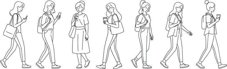 Obraz premium Walking people lifestyle icon collection, urban vector artwork set, casual design graphic, modern illustration symbol, flat vector illustration