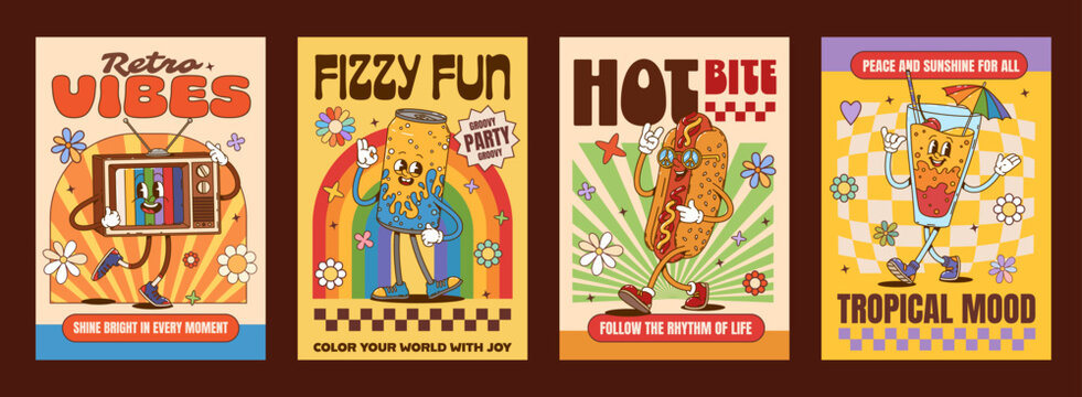 Retro groovy hippie characters vintage posters. Vintage television, soda can, hot dog snack, cocktail glass with umbrella funky cartoon characters and motivational texts with vintage 60s and 70s vibes