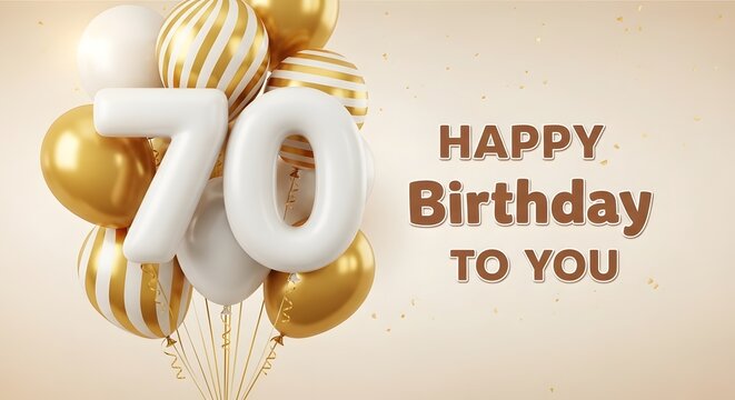 Happy 70th birthday wishes greeting card with gold balloons