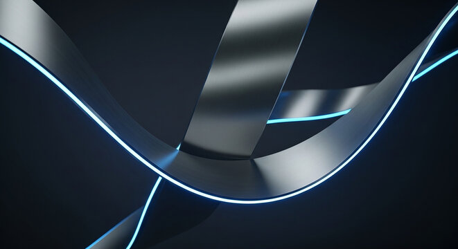 Abstract metallic design with neon blue lines and shadows