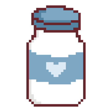 Glass milk bottle icon with heart label pixel art graphic