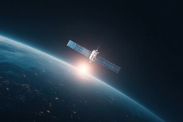 Fototapeta premium A detailed satellite in orbit above Earth, with the sun's rays illuminating the planet's atmosphere and city lights below.