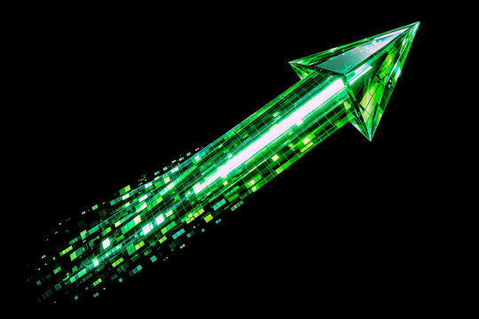 green glowing arrow, 3d crystalline success icon, sustainable growth