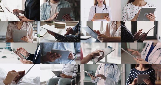 Different doctors and patients using medical healthcare application on tablet computers, checking records, chatting, typing, giving and getting online consultation. Cropped shots collage