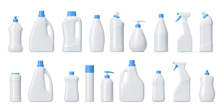 3d realistic detergent, laundry and cleaner bottles, household chemical product packages. Vector plastic tubes, blank packages of cleanser, liquid soap and stain remover, bleach containers mockup