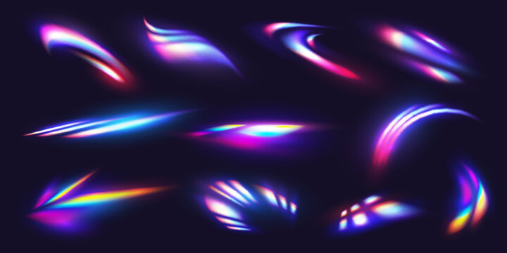 Prism light flare effect, rainbow crystal reflection, lens refraction. Realistic 3d vector set of glass, jewelry, diamond or gemstone glare. Optical physics effect, iridescent spectrum overlay shine