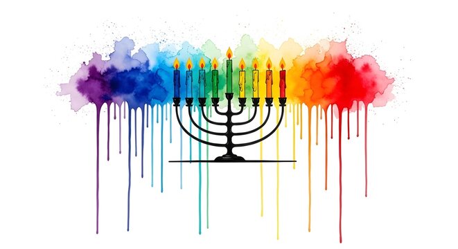 A colorful menorah with rainbow candles and watercolor background
