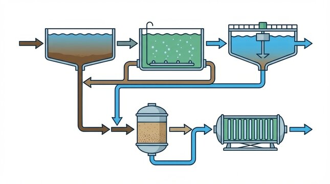 Detailed wastewater treatment plant process diagram raw water undergoes clarification aeration and filtration stages