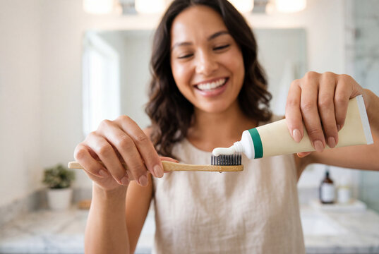 Young woman squeezing toothpaste onto a bamboo toothbrush in a bathroom