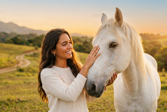 Young hispanic woman gently stroking a white horse in a sunlit field