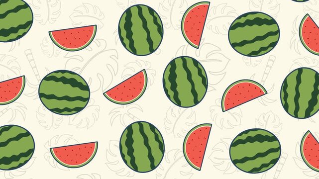 Watermelon Pattern Theme &ndash; Looping 4K animation of whole and sliced watermelons over a subtle tropical leaf backdrop, forming a fresh seamless summer pattern ideal for food promos and backgrounds.
