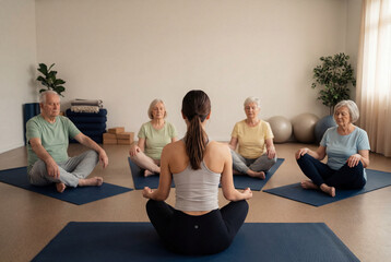 Obraz premium Yoga instructor leads senior men and women in meditation class