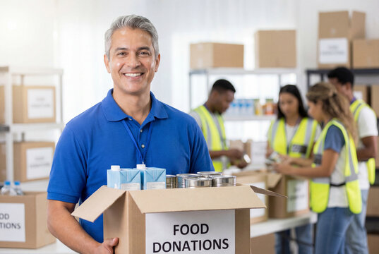 Happy male volunteer holding food donation box at charity event