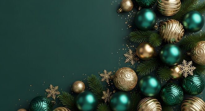Christmas ornaments and pine branches on a green background