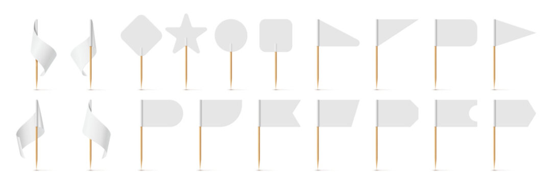 Wooden toothpick white paper flag, food pennants. 3d vector set of small food sticks and markers for appetizers, snacks, desserts and buffet decor. Realistic isolated tooth picks or skewers on poles