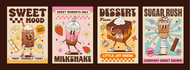 Obraz premium Sweet dessert characters on Y2K groovy posters with funny pastry, cartoon vector. Groovy retro posters with funky chocolate, milkshake with bubble tea and strawberry smoothie dessert with happy face