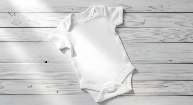 white baby onesie on rustic wooden background