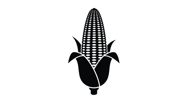 A stylized black and white illustration depicts a single ear of corn with husk leaves extending outwards high quality professional detailed