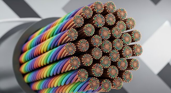 Multicolored fiber optic cable bundle close-up.