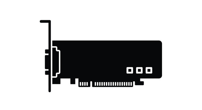 A minimalist black silhouette depicts a computer graphics card showcasing its ports and cooling system high quality professional detailed modern elegant
