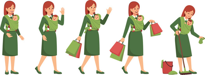 Fototapeta premium Mother Carrying Baby in Ergonomic Sling Wrap While Shopping with Bags and Cleaning House Vector Illustration Set for Parenting and Household Lifestyle Designs