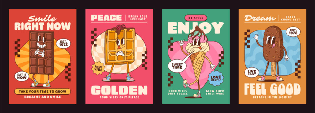 Sweet and dessert groovy characters posters with retro desserts as chocolate bar, waffle, ice cream cone, popsicle paired with motivational phrases and positive affirmations promoting joy and selflove