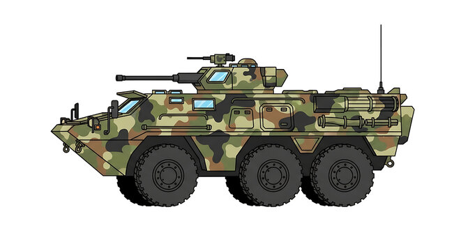Detailed illustration of a modern military armored personnel carrier (APC) featuring a multi-terrain camouflage pattern, depicted in a clear side profile view