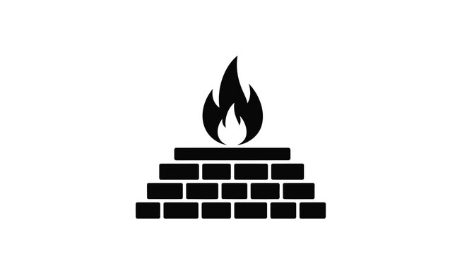 A stark black silhouette depicts a stylized funeral pyre constructed from bricks with flames rising high quality professional detailed modern elegant