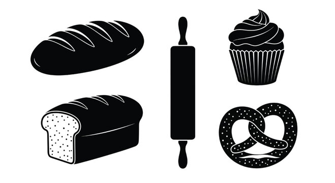 A set of bakery icons including bread, cupcake, and pretzel