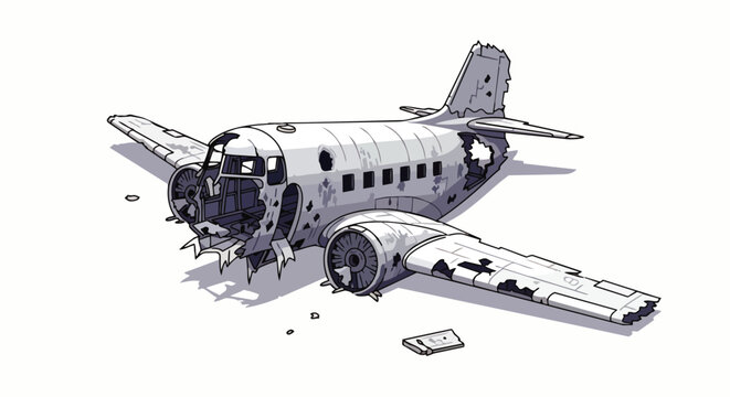 wrecked airplane illustration of an abandoned aircraft after a plane crash showing a damaged fuselage and broken parts.