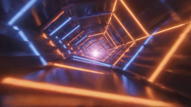 A futuristic geometric tunnel with glowing neon blue and orange lights receding into a bright distant light source
