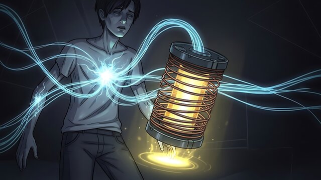Man holding glowing lantern with electricity.