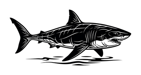 Fototapeta premium A powerful great white shark in a dynamic black and white vector style. This aggressive predator graphic is perfect for mascots, logos, tattoos, or apparel designs.
