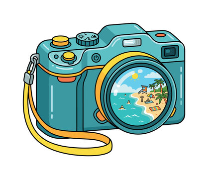 Vector illustration of a camera capturing a happy summer beach vacation. A tropical holiday memory with sea, sun, and palms reflected in the lens. Perfect for travel concepts.